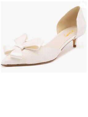 XYD White D'Orsay Kitten Heel Bridal Bowknot Pumps Elegant Pointed Toe Shoes